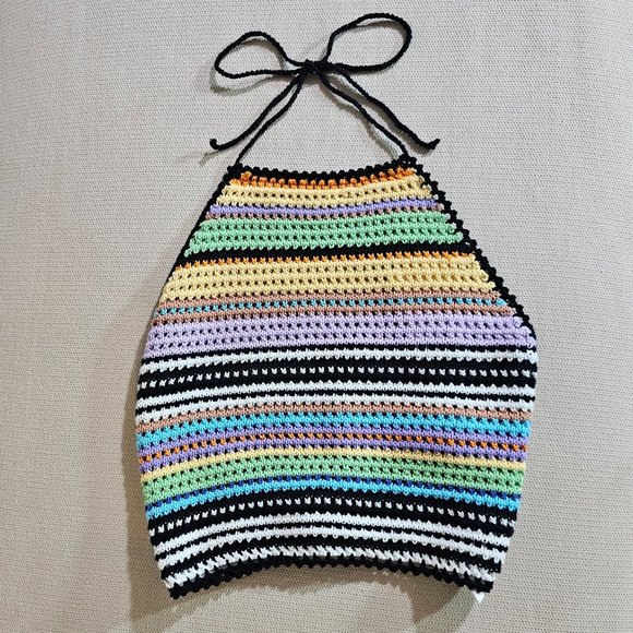 🏷️NWT Roxy Daydreamer Crochet Knit Halter Top In Rainbow/Black Stripes - Medium - Picture 5 of 9